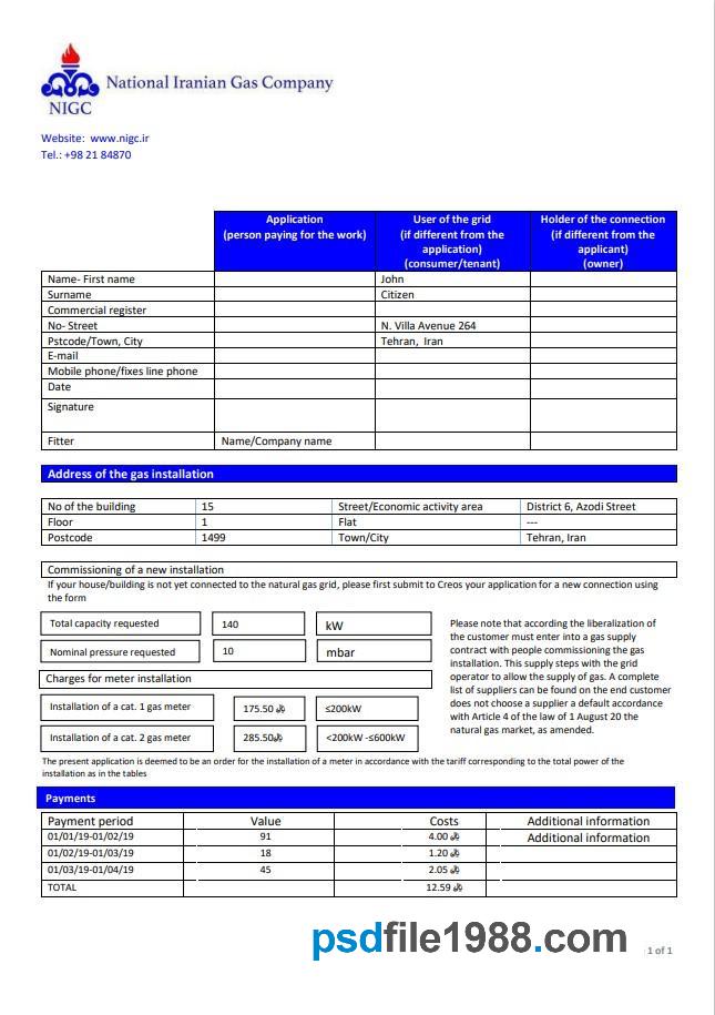 Iran National Iranian Gas Company Gas Utility Bill
